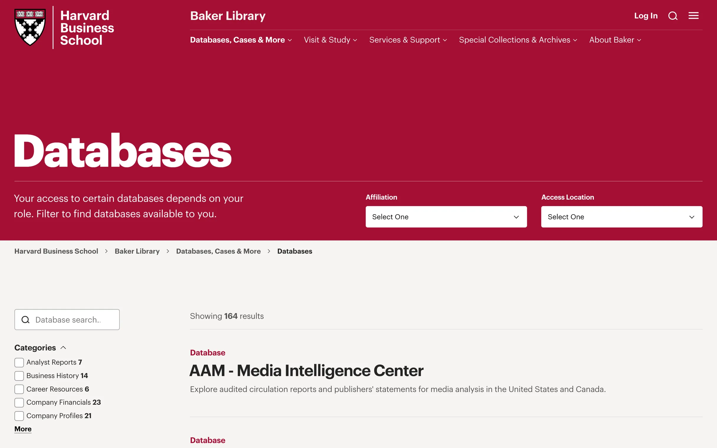 The databases page: filters for affiliation and access location in the crimson header, categories and a search beside 164 results