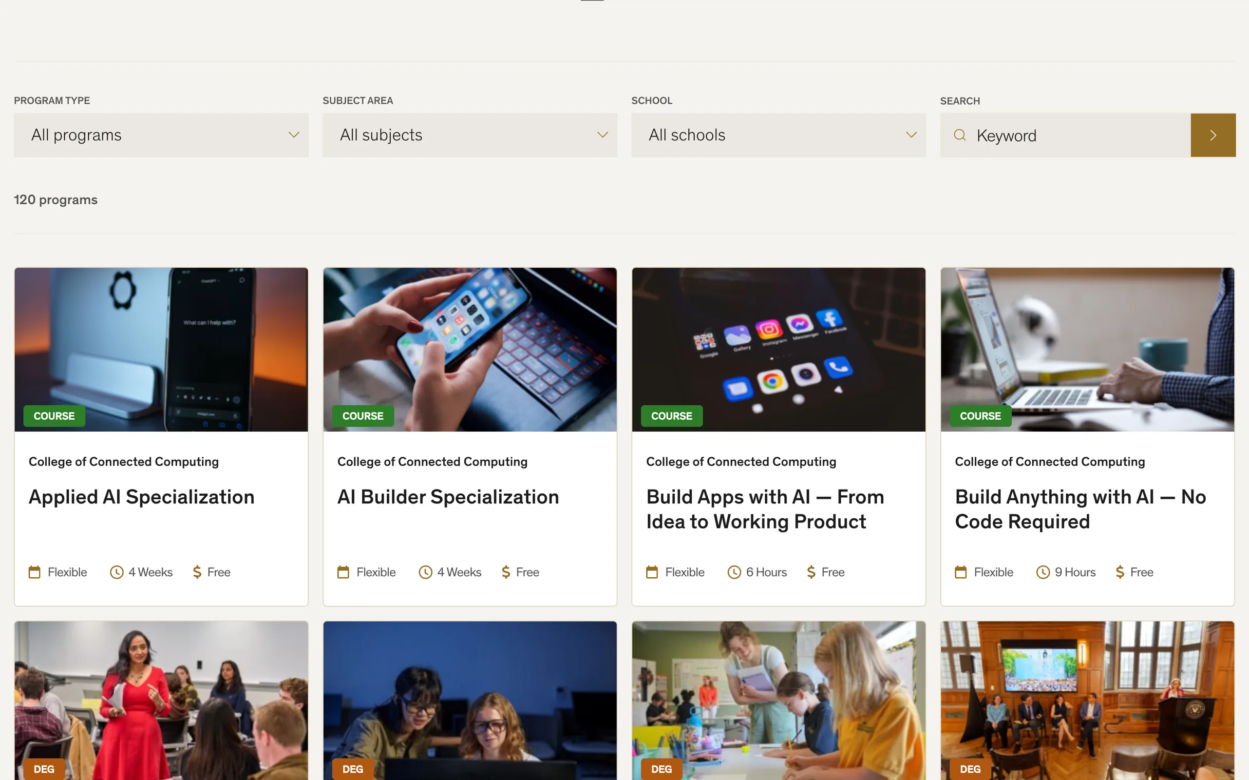 The catalog unfiltered: 120 programs, courses first