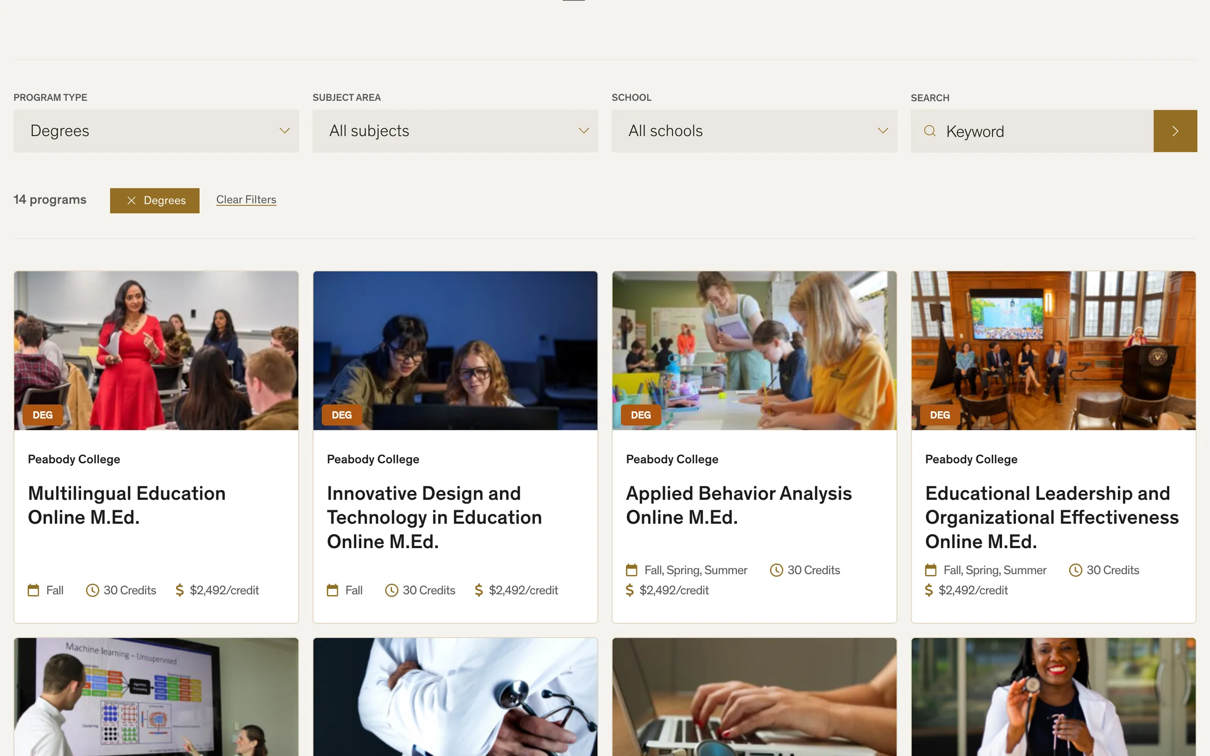 The catalog filtered to degrees: 14 programs