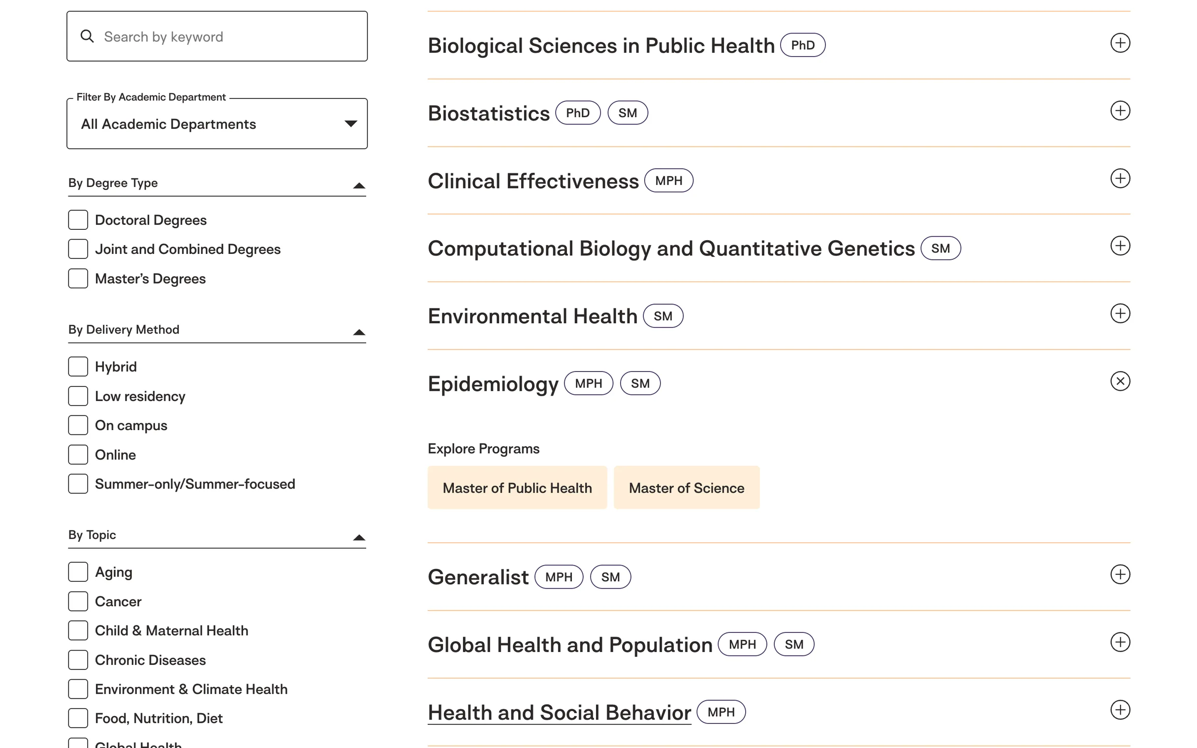 The program finder with Epidemiology open: a Master of Public Health and a Master of Science