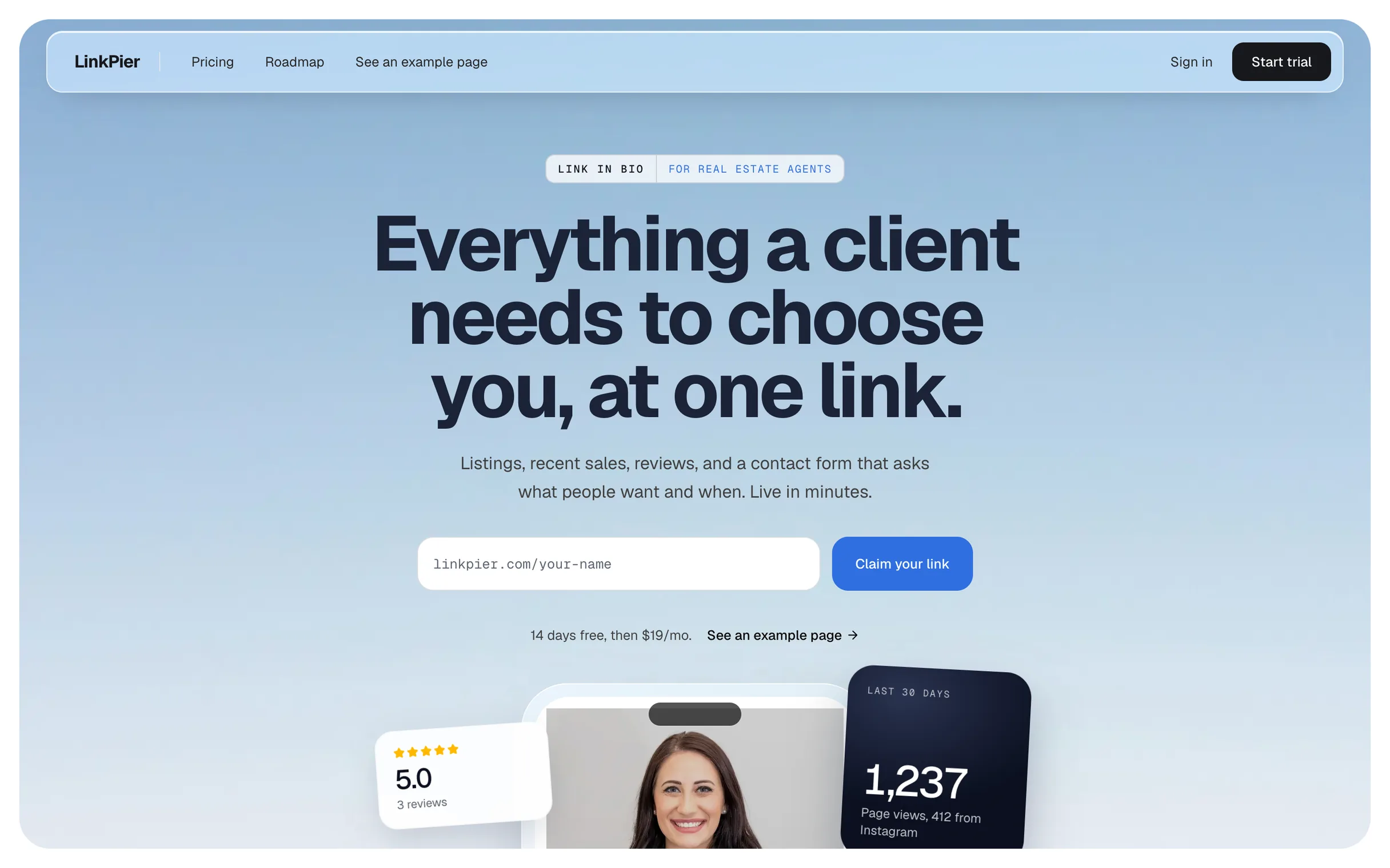 The LinkPier landing page on desktop and mobile: “Everything a client needs to choose you, at one link.”