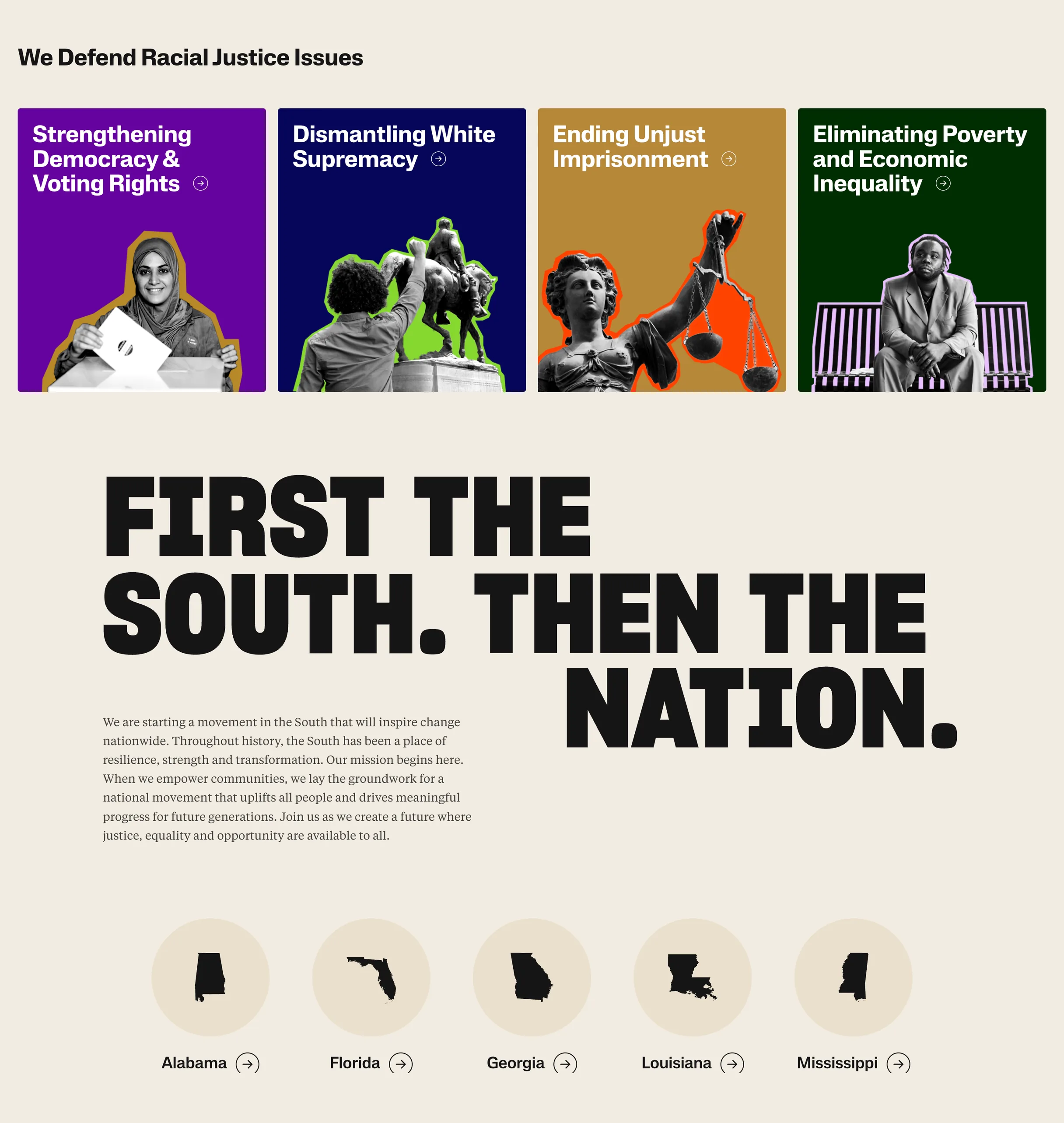 The SPLC homepage: four racial justice issues as cards, then “First the South. Then the Nation.” and the five states