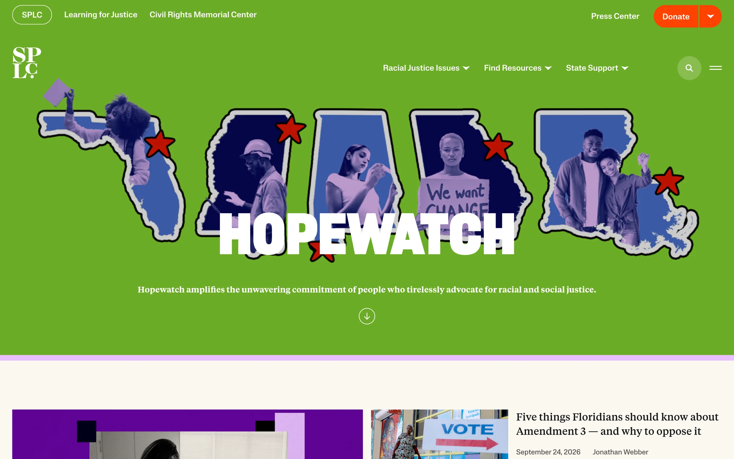 Hopewatch: a green collage of people and Southern states under the word Hopewatch, then its latest stories