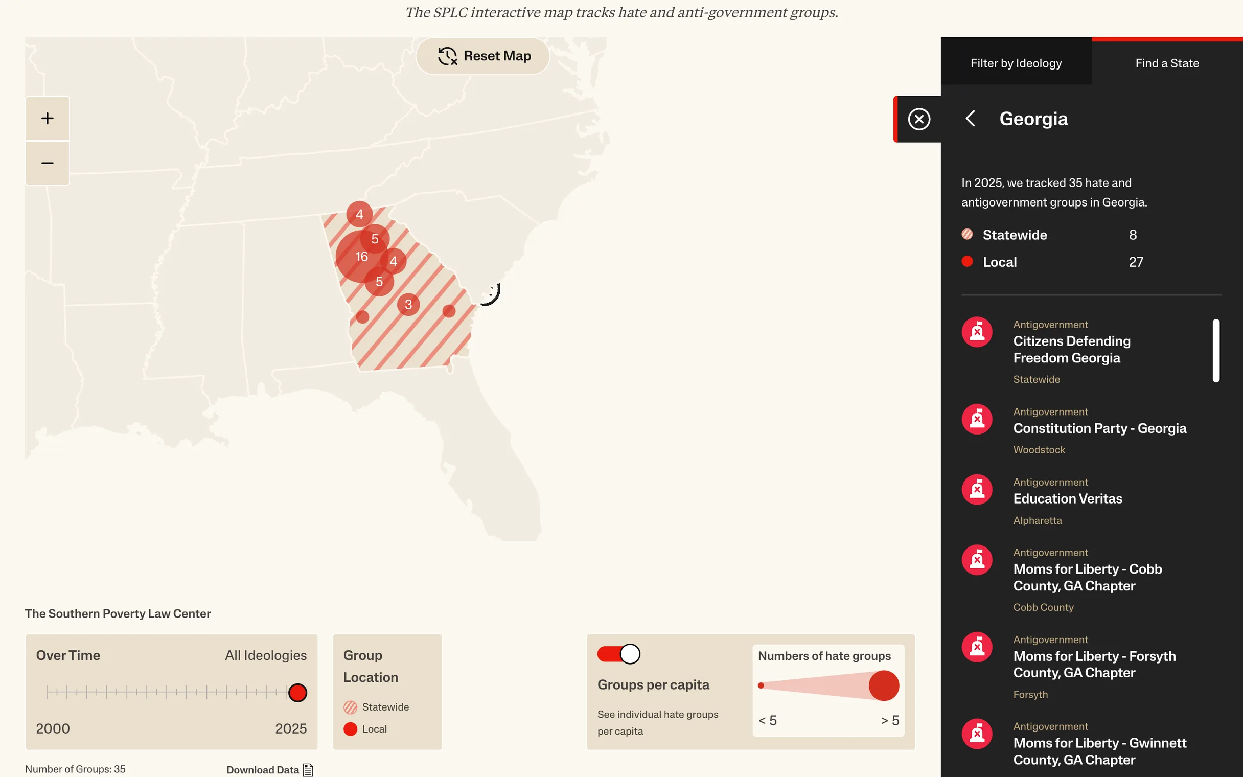 The Hate Map zoomed to Georgia, with a panel counting 35 groups, statewide and local, and listing each by name