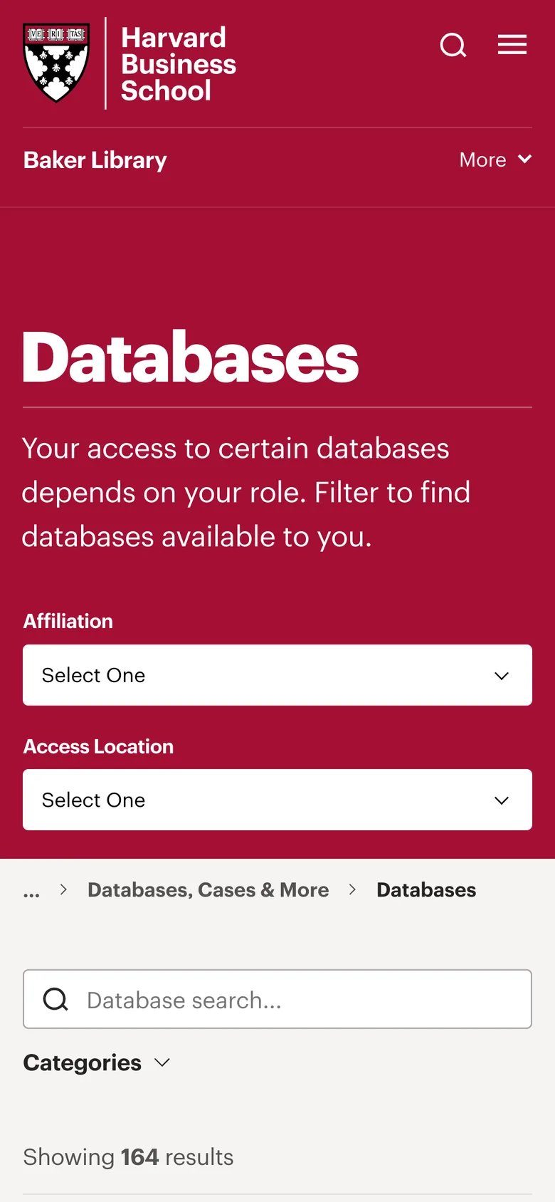 The databases page on a phone: the affiliation and access filters first