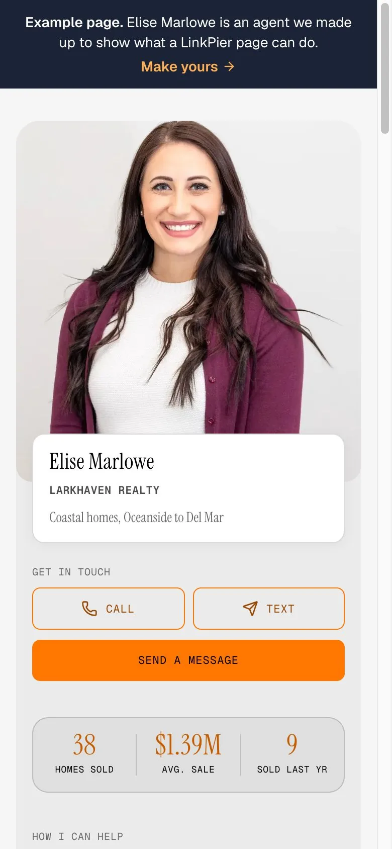 Elise Marlowe’s example page on a phone: her photo, brokerage, call and text buttons, and homes sold