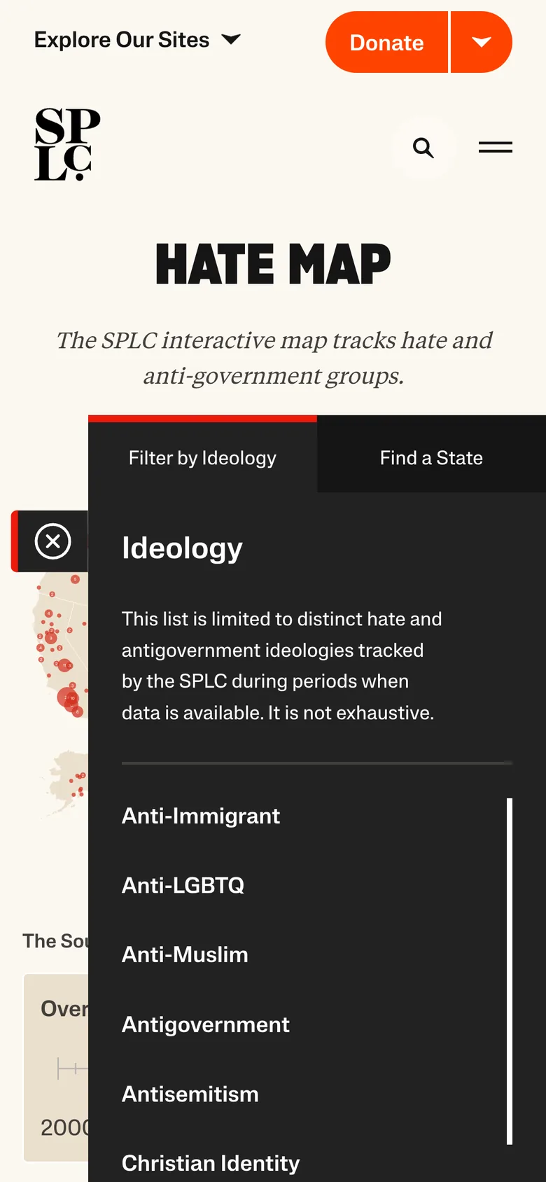 The filters open over the map on a phone: ideologies, or find a state