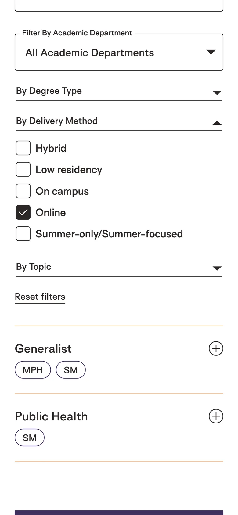 The program finder on a phone with Online checked, leaving two fields
