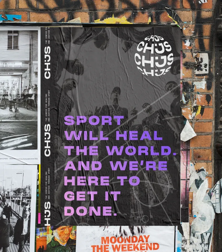A black poster: “Sport will heal the world. And we’re here to get it done.” in violet, under the wordmark wrapped into a ball