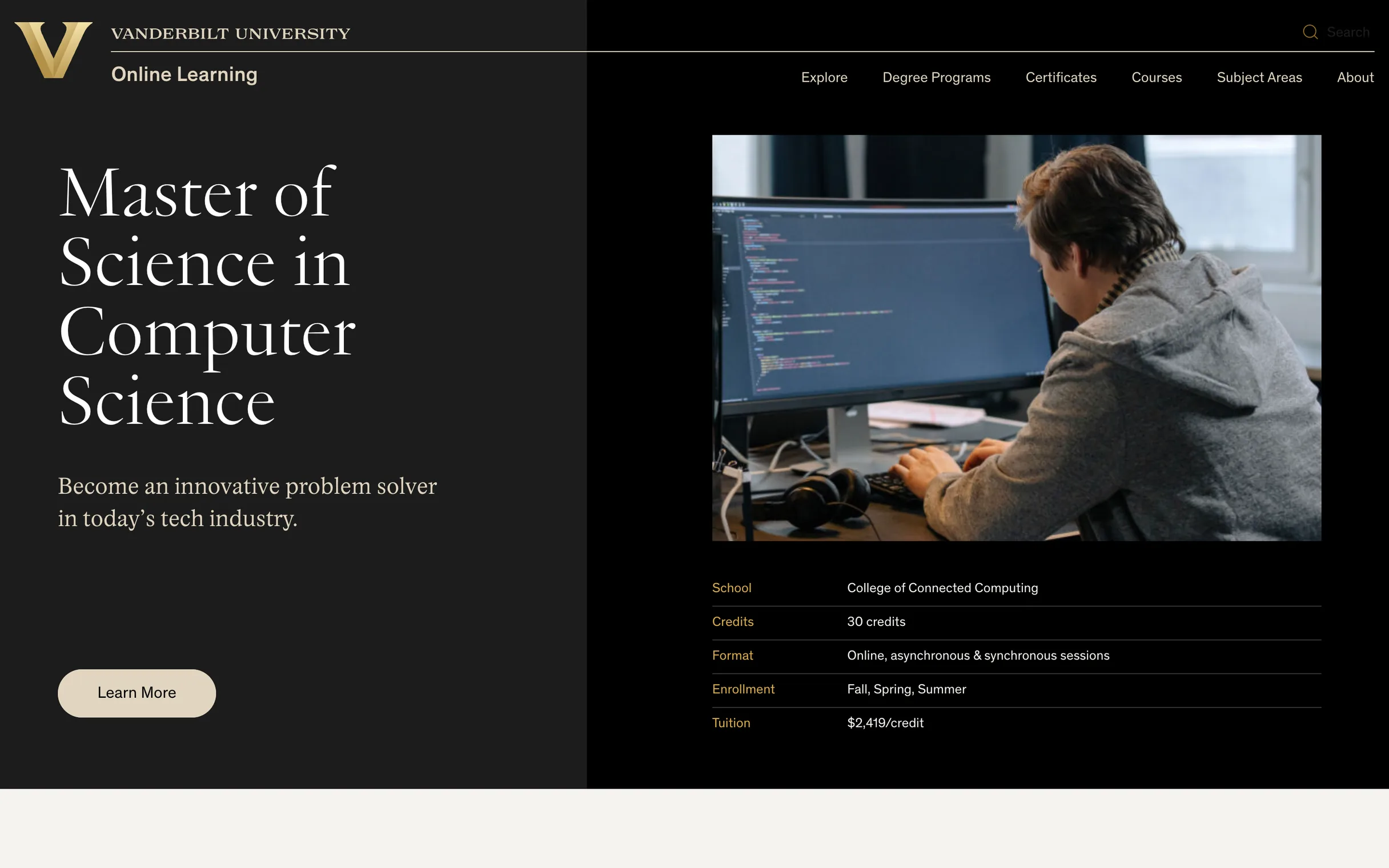 The Master of Science in Computer Science page: school, credits, format, enrollment and tuition beside its photo