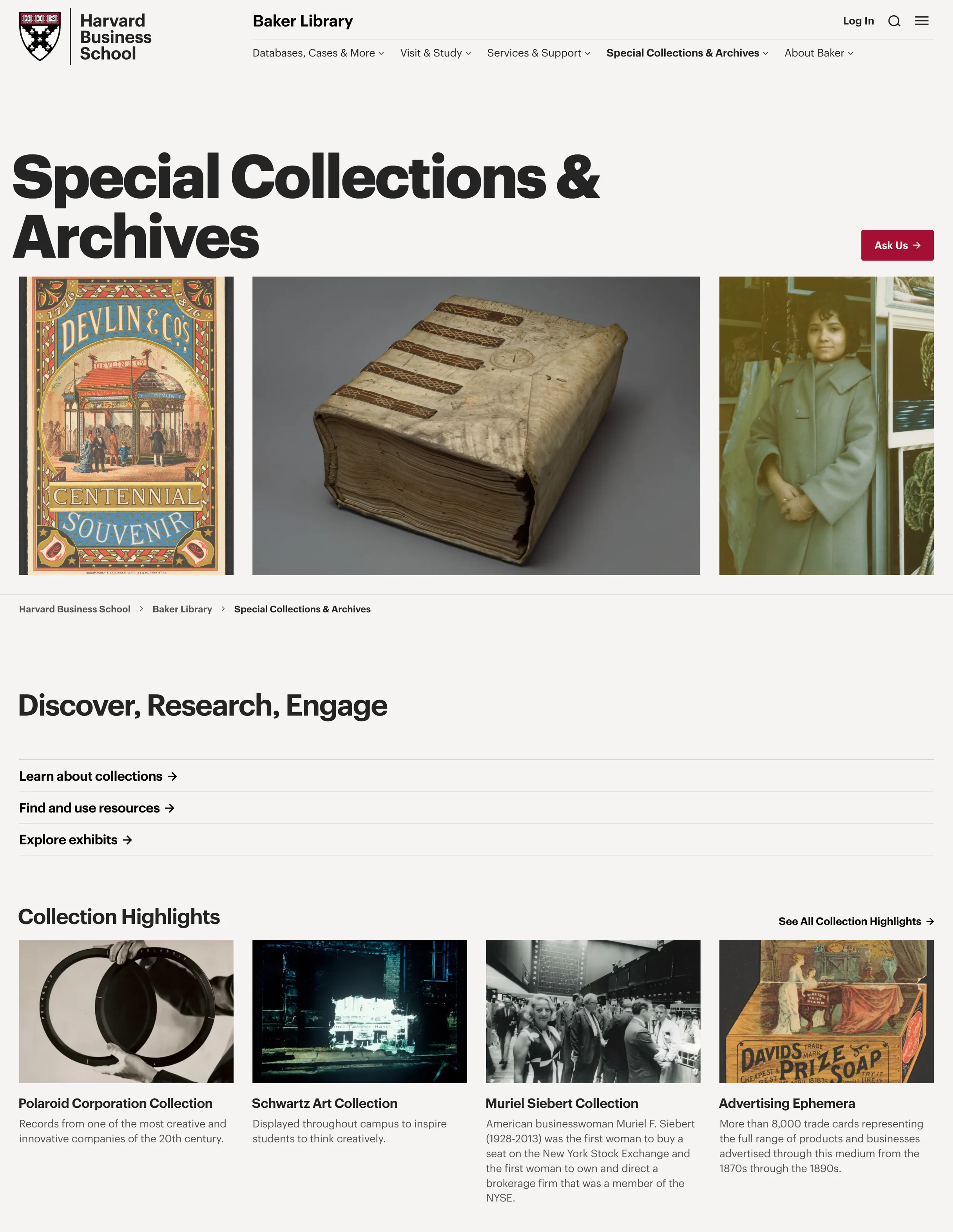 Special Collections & Archives: a collage of a trade card, an old ledger and a photograph, then collection highlights