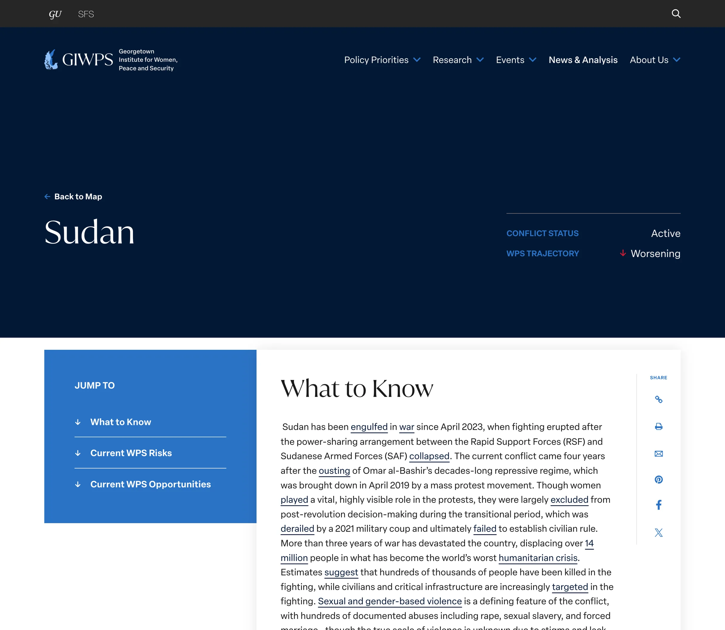 Sudan’s briefing in the Conflict Tracker: its status and trajectory, then What to Know, risks and opportunities