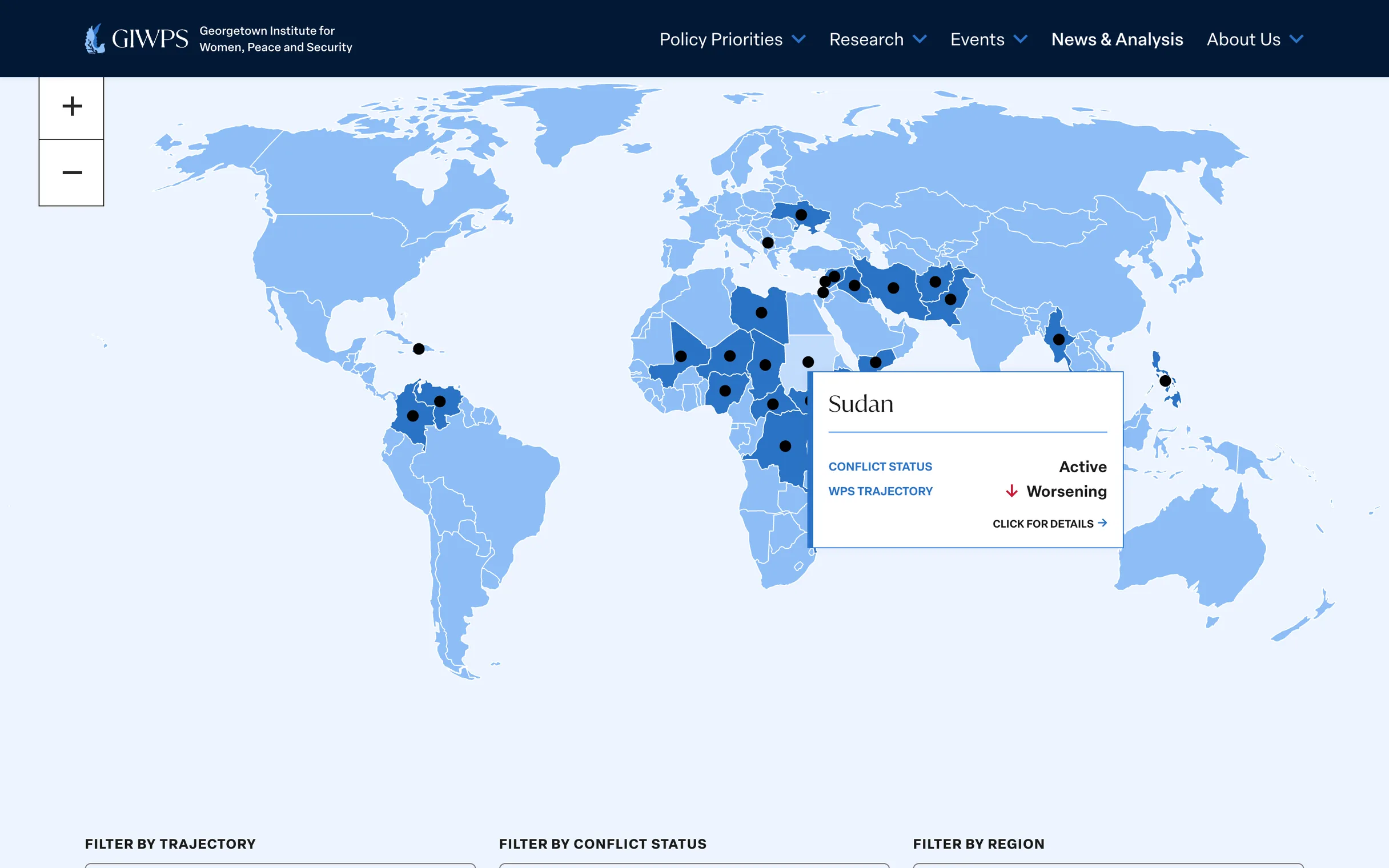 The Conflict Tracker map with Sudan hovered: conflict status active, WPS trajectory worsening