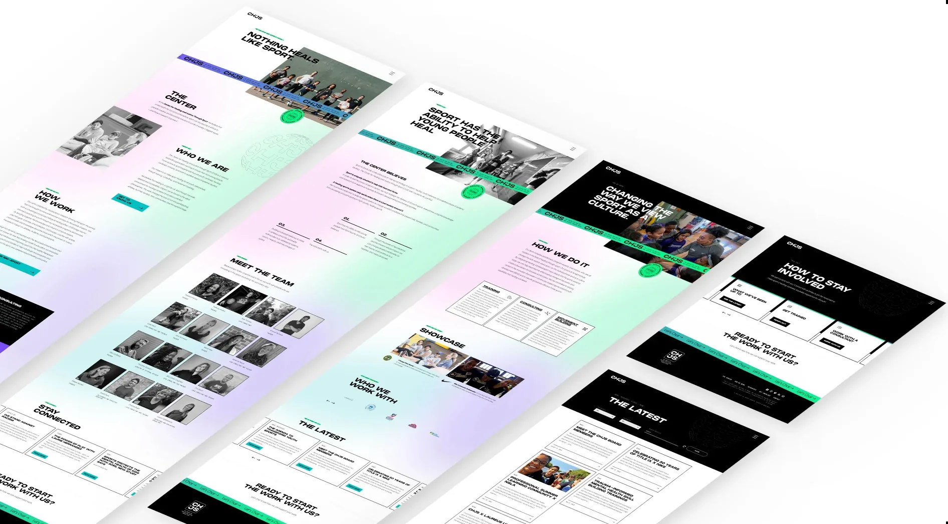 The CHJS website’s pages laid out at an angle, on a mint-to-violet ground